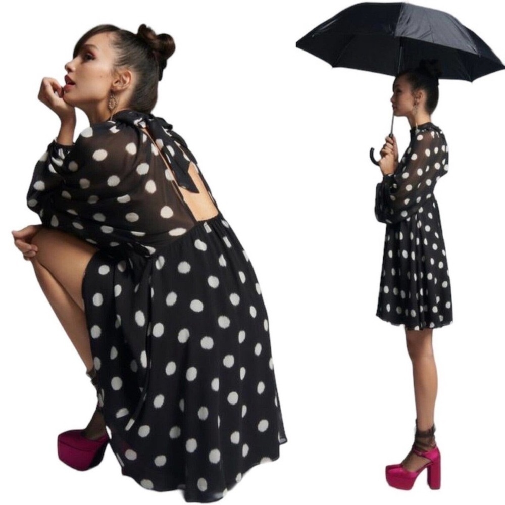 Maeve Sheer Polka Dot Mini Swing Dress‎ Puff Sleeves Tie Neck